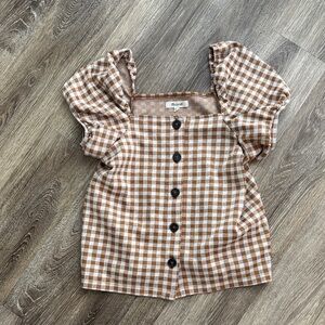 Madewell Gingham Puff Sleeve Blouse in Brown and White